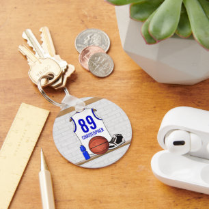 Personalised White and Blue Basketball Jersey Key Ring