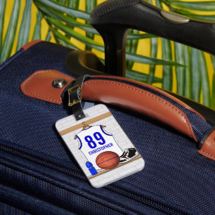 Personalised White and Blue Basketball Jersey Luggage Tag