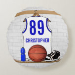 Personalised White and Blue Basketball Jersey Round Cushion<br><div class="desc">If you require this design in a different colour combination for your basketball team colours, please contact us via our GiftsBonanza store prior to purchase and we will be happy to assist with your custom request. Other team colours available in store. Customisable white and blue basketball jersey hanging in a...</div>