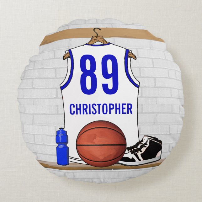 Personalised White and Blue Basketball Jersey Round Cushion (Front)