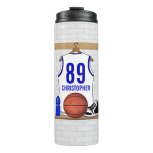 Personalised White and Blue Basketball Jersey Thermal Tumbler