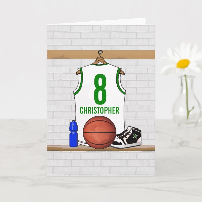 Personalised White and Green Basketball Jersey Card (Small Plant)