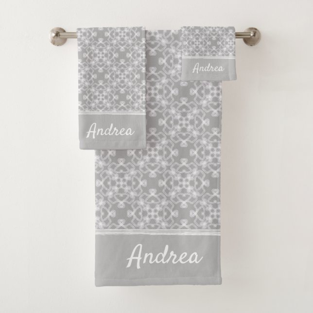 Personalised white and grey pattern bath towel set (Insitu)