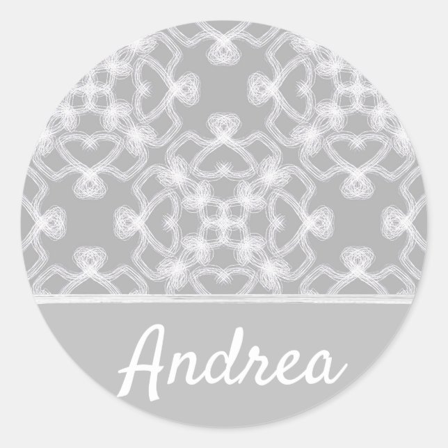 Personalised white and grey pattern classic round sticker (Front)