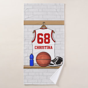 Personalised White and Red Basketball Jersey Bath Towel Set