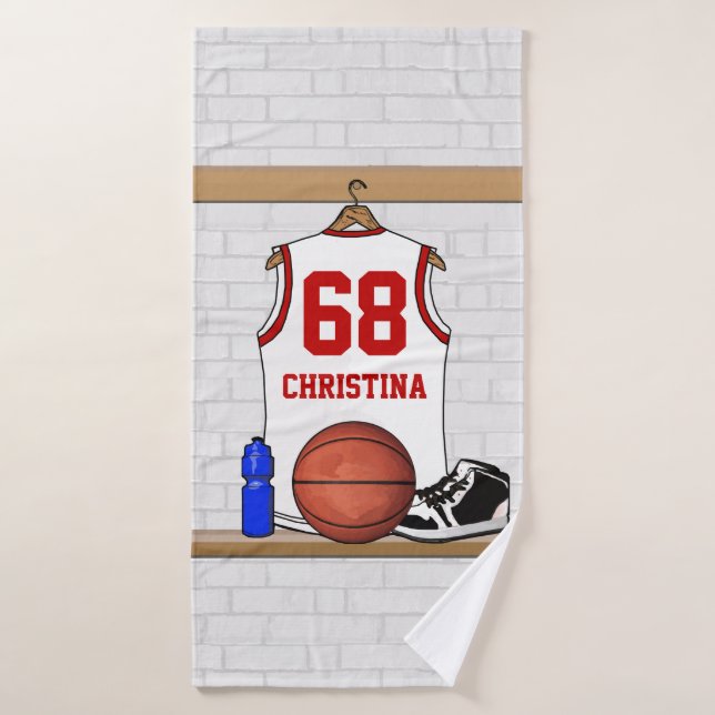 Personalised White and Red Basketball Jersey Bath Towel Set (Bath Towel)
