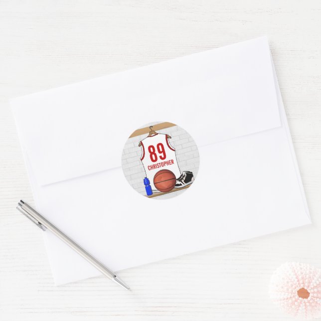 Personalised White and Red Basketball Jersey Classic Round Sticker (Envelope)