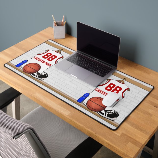 Personalised White and Red Basketball Jersey Desk Mat (Office 2)