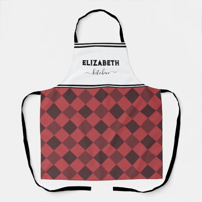 Personalised White And Red Buffalo Plaid Kitchen Apron (Front)