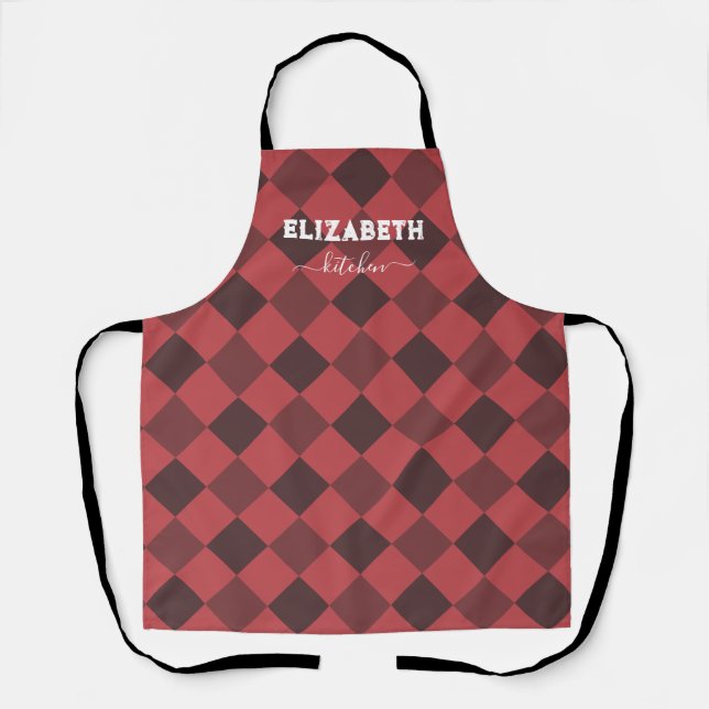Personalised White And Red Buffalo Plaid Kitchen Apron (Front)