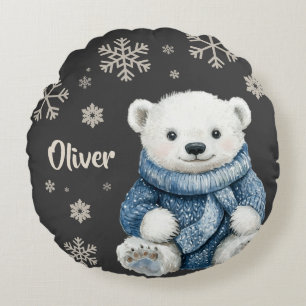 Personalised White Bear Christmas Snowflake Round Cushion