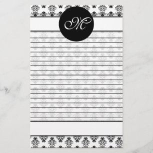 Personalised White & Black Damask Lined Monogram Stationery