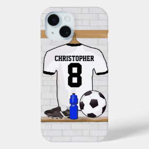 Personalised White Black Football Soccer Jersey iPhone 15 Case