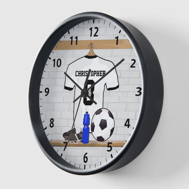 Personalised White Black Football Soccer Jersey Clock (Angle)
