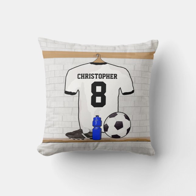 Personalised White Black Football Soccer Jersey Cushion (Front)