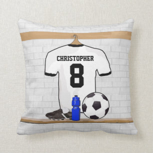 Personalised White Black Football Soccer Jersey Cushion