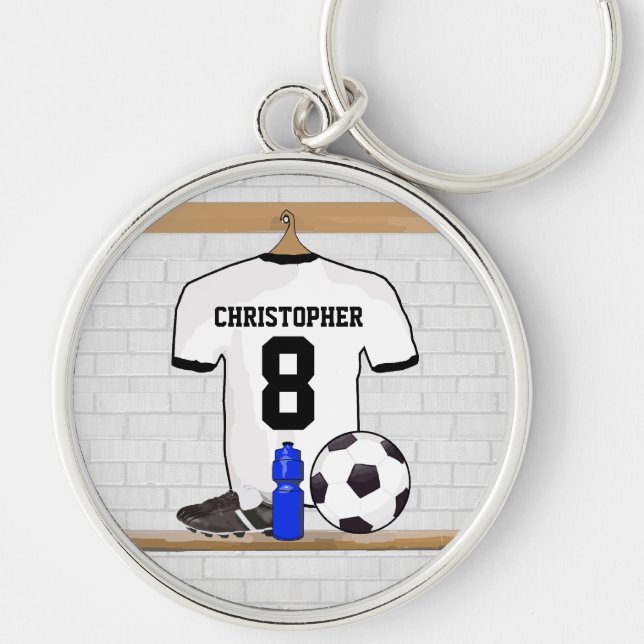 Personalised White Black Football Soccer Jersey Key Ring (Front)