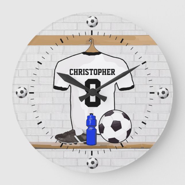 Personalised White Black Football Soccer Jersey Large Clock (Front)