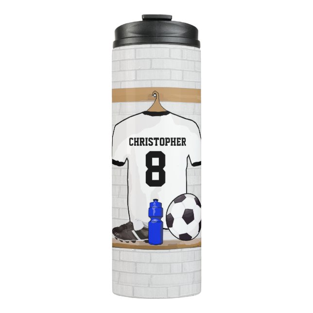 Personalised White Black Football Soccer Jersey Thermal Tumbler (Front)