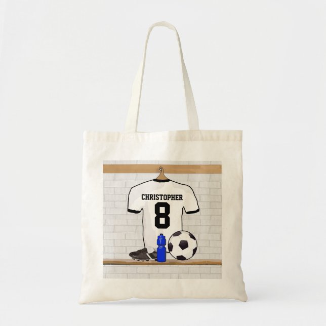 Personalised White Black Football Soccer Jersey Tote Bag (Front)