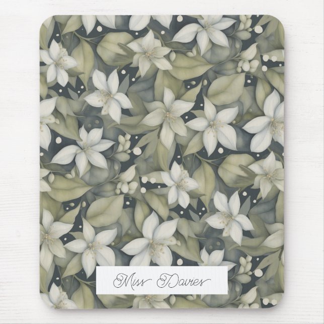 Personalised White Blossoms with Botanical Sage Mouse Pad (Front)