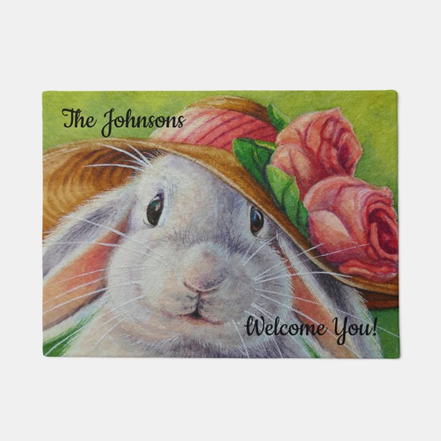 Personalised White Bunny Rabbit in Spring Bonnet Doormat (Front)