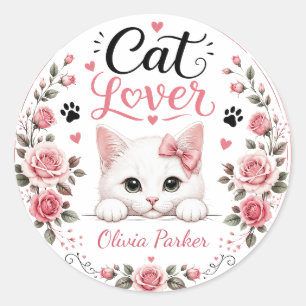 Personalised White Cat Lover Name Pink Roses Classic Round Sticker