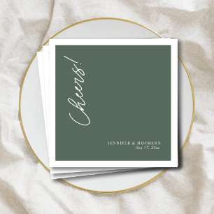 Personalised White "Cheers!" Sage Green Wedding Napkin