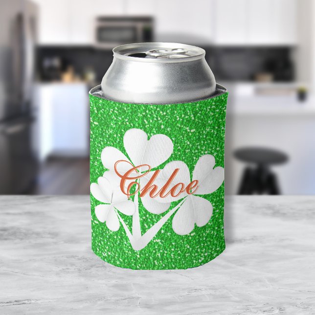 Personalised White Clovers Green Glitter Can Cooler (Creator Uploaded)