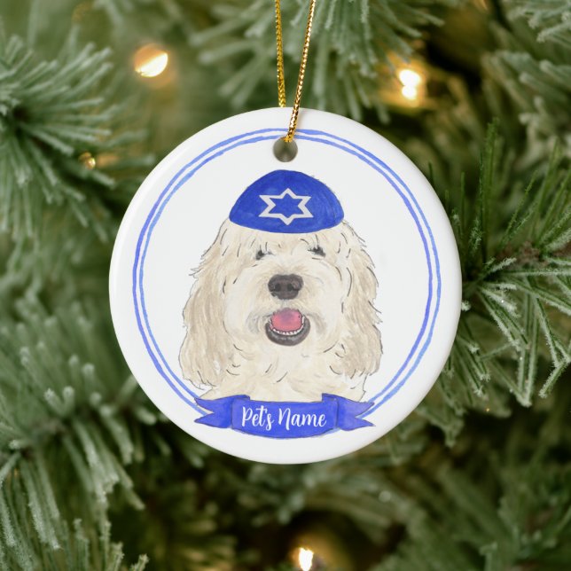 Personalised White Cream Doodle Dog Hanukkah Ceramic Ornament (Tree)