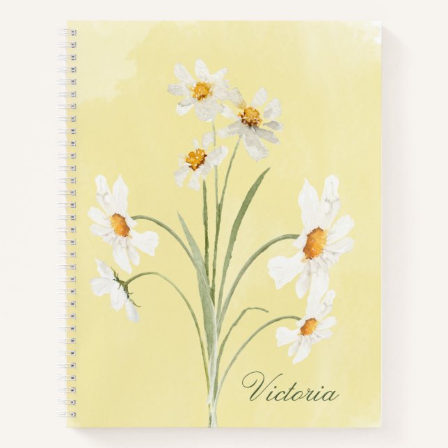 Personalised White Daisy Yellow Floral Watercolor  Notebook (Front)