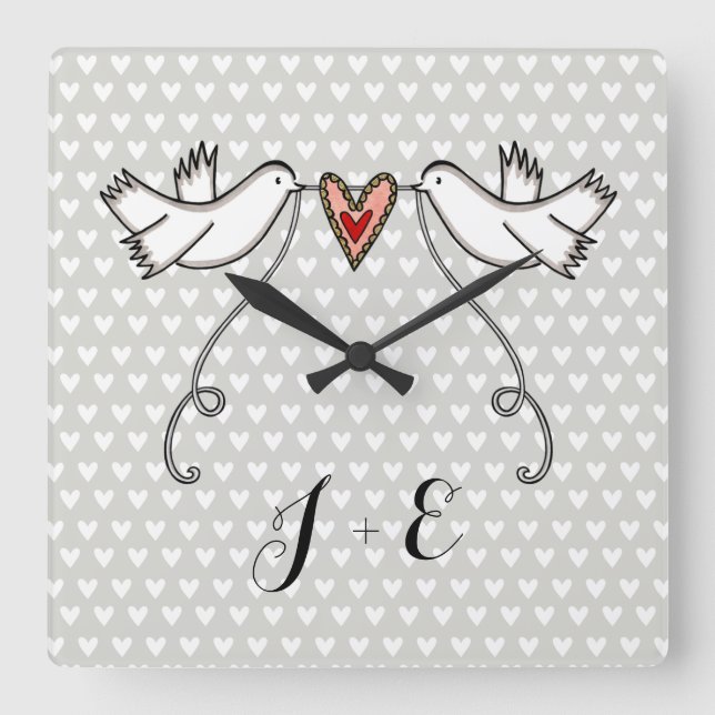 Personalised White Doves Wedding Gift Acrylic Squa Square Wall Clock (Front)