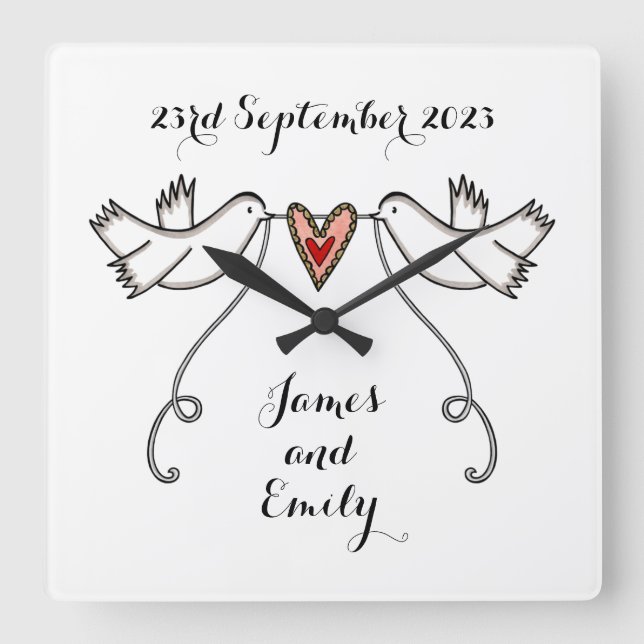 Personalised White Doves Wedding Gift Acrylic  Square Wall Clock (Front)
