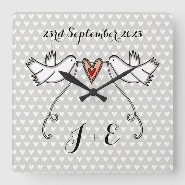 Personalised White Doves Wedding Gift Acrylic  Square Wall Clock (Front)