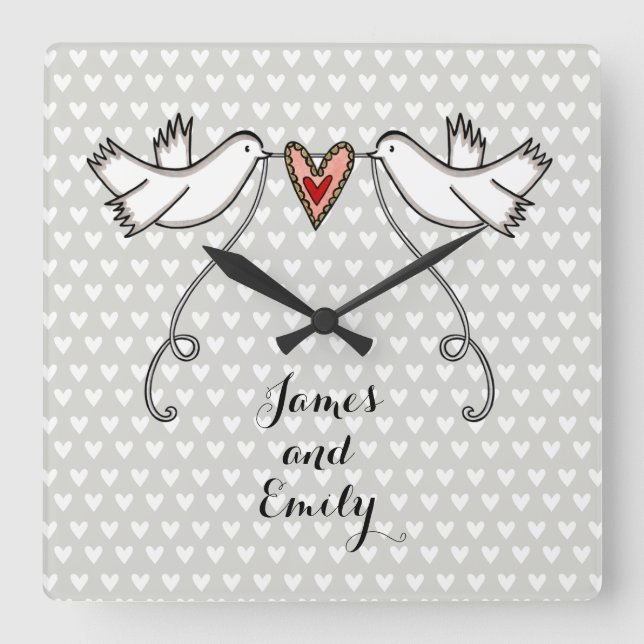 Personalised White Doves Wedding Gift Acrylic  Square Wall Clock (Front)