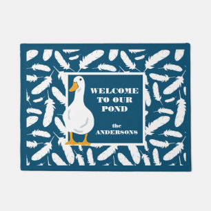 Personalised White Duck and Feathers Navy Blue Doormat