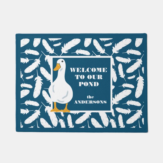 Personalised White Duck and Feathers Navy Blue Doormat (Front)
