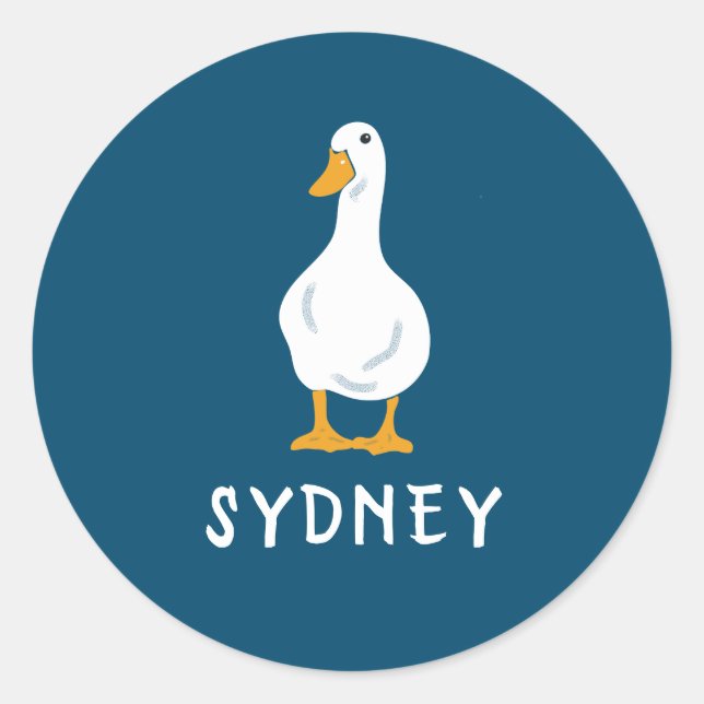 Personalised White Duck Illustration Navy Blue Classic Round Sticker (Front)