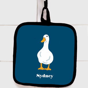 Personalised White Duck Illustration on Blue Pot Holder