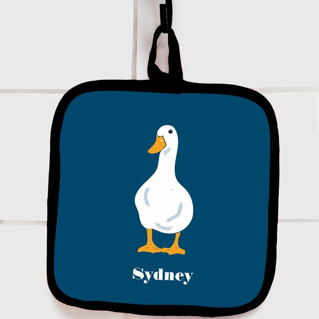Personalised White Duck Illustration on Blue Pot Holder (Creator Uploaded)