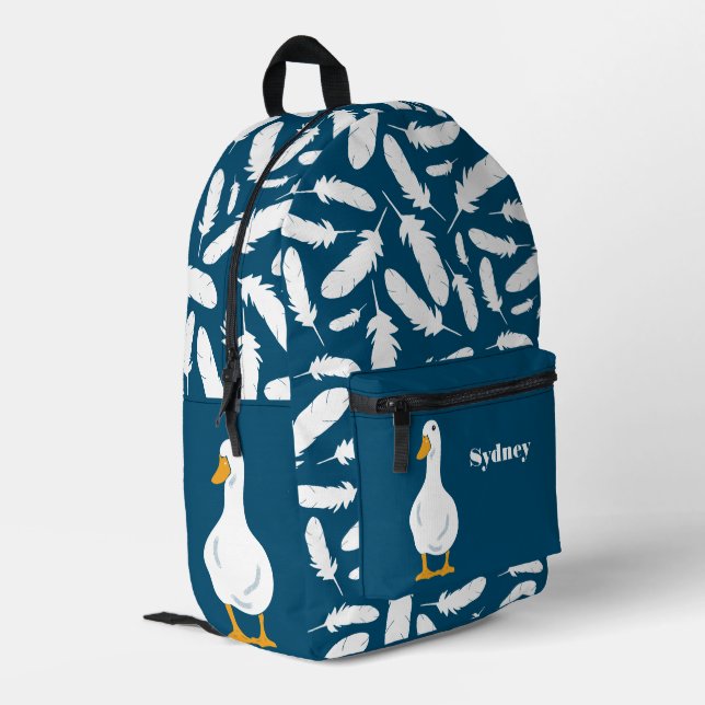 Personalised White Duck Illustration with Feathers Printed Backpack (Back Corner Left)
