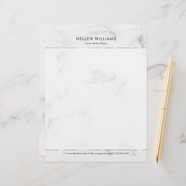 Personalised white faux marble Silver Accent Custom Letterhead (Front/Back In Situ)