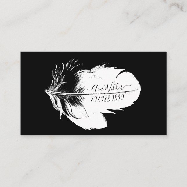 Personalised White Feather On Black Calling Card (Front)