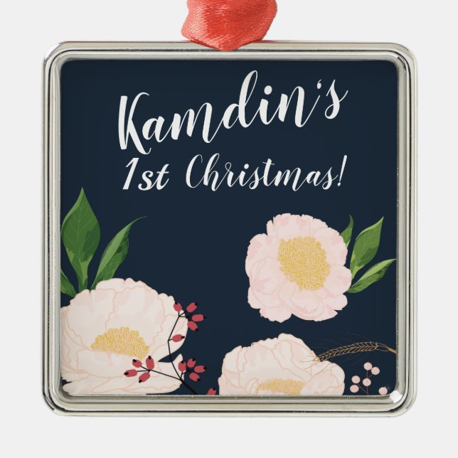Personalised White Floral Flowers on Dark Blue Metal Ornament (Front)
