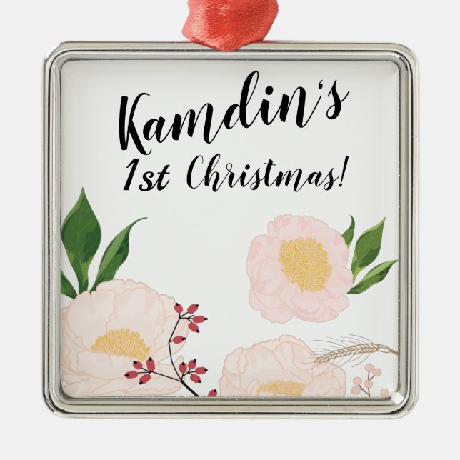 Personalised White Floral Flowers on White Metal Ornament (Front)