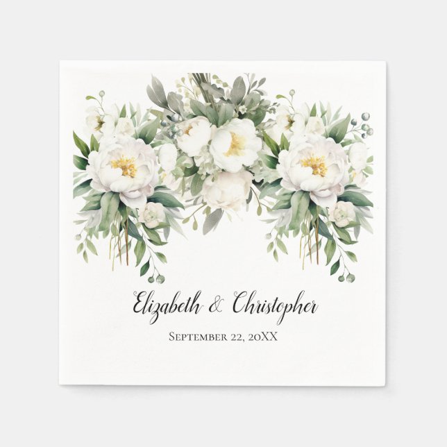 Personalised White Floral Greenery Wedding  Napkin (Front)