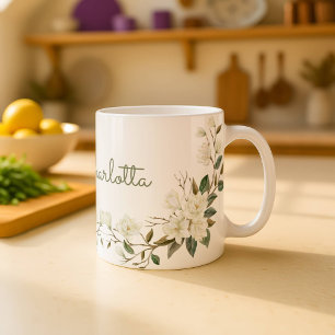 Personalised White Floral Mug, Elegant Custom Name Coffee Mug