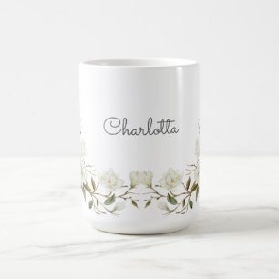 Personalised White Floral Mug, Elegant Custom Name Coffee Mug