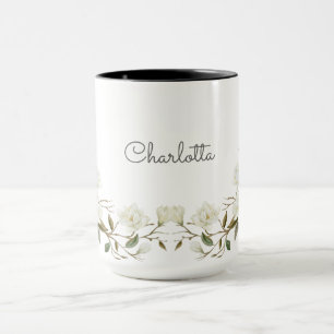 Personalised White Floral Mug, Elegant Custom Name Mug