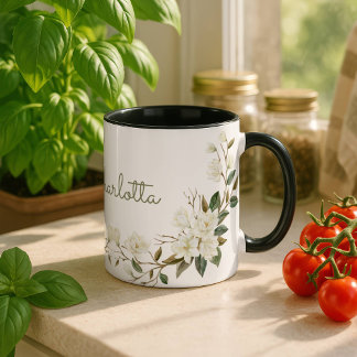 Personalised White Floral Mug, Elegant Custom Name Mug